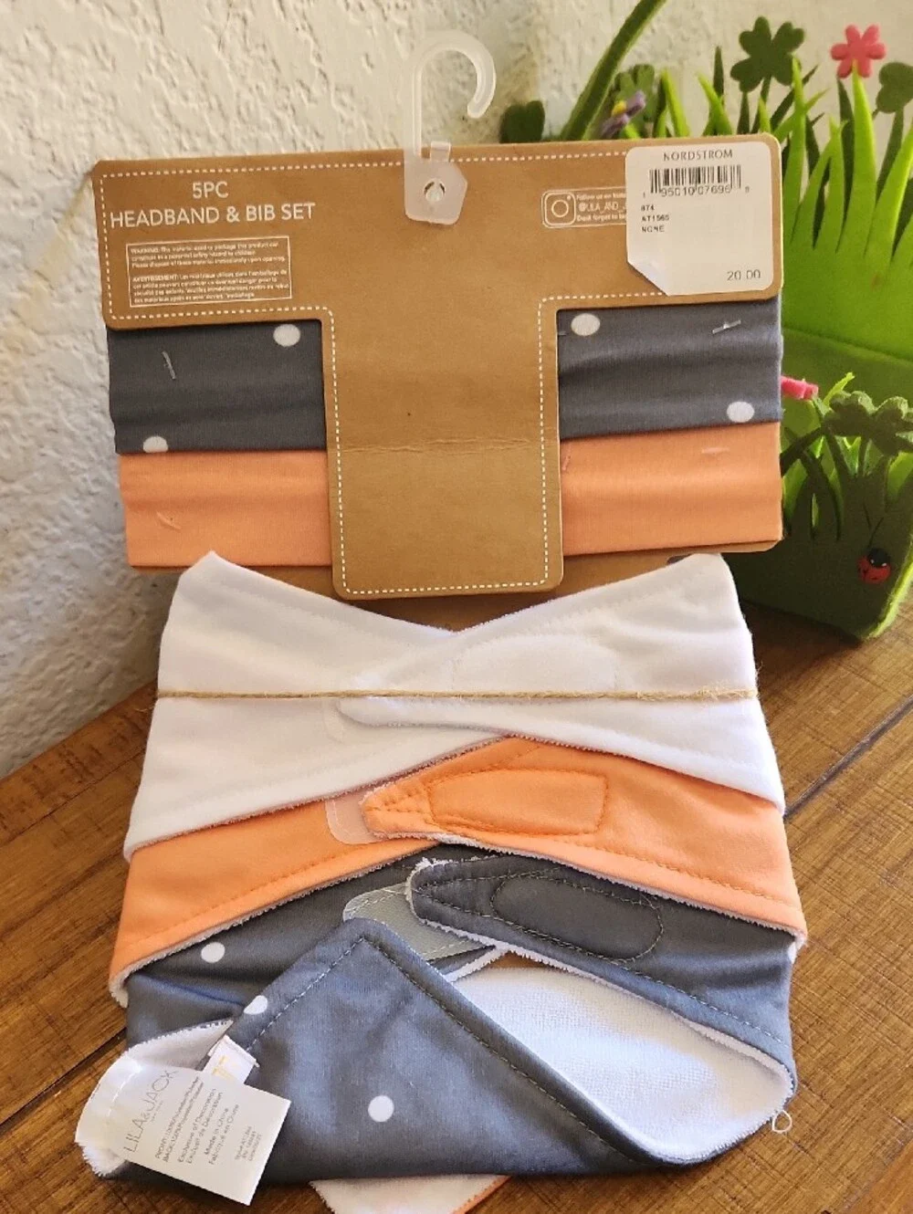 NWT Nordstrom Lila & Jack Pumpkin Patch Bib & Headband Set Peach, Gray,White 5pk